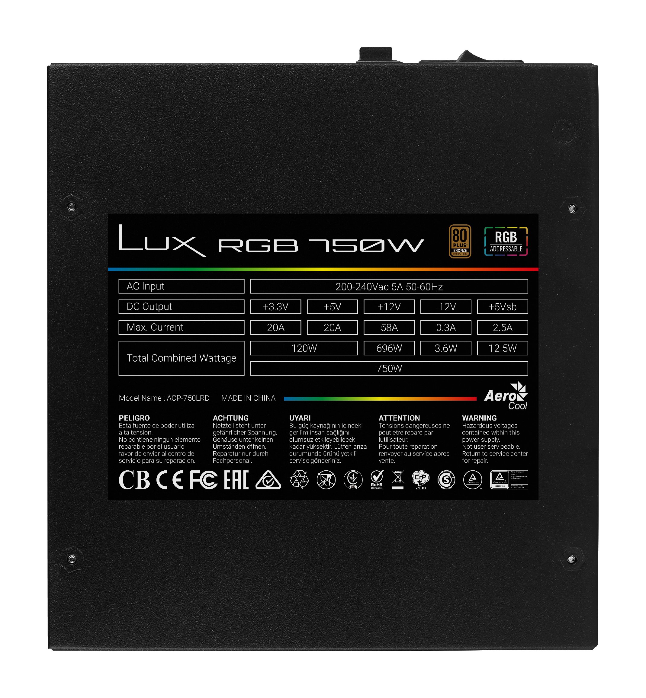 AeroCool захранване PSU LUX RGB 750W - Bronze, RGB Addressable - ACPB-LX75AEC.11