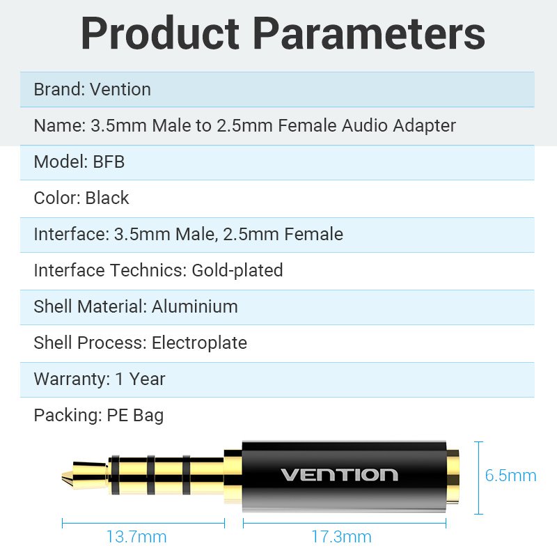 Vention адаптер Adapter Audio 3.5mm M / 2.5mm F Black Metal - BFBB0