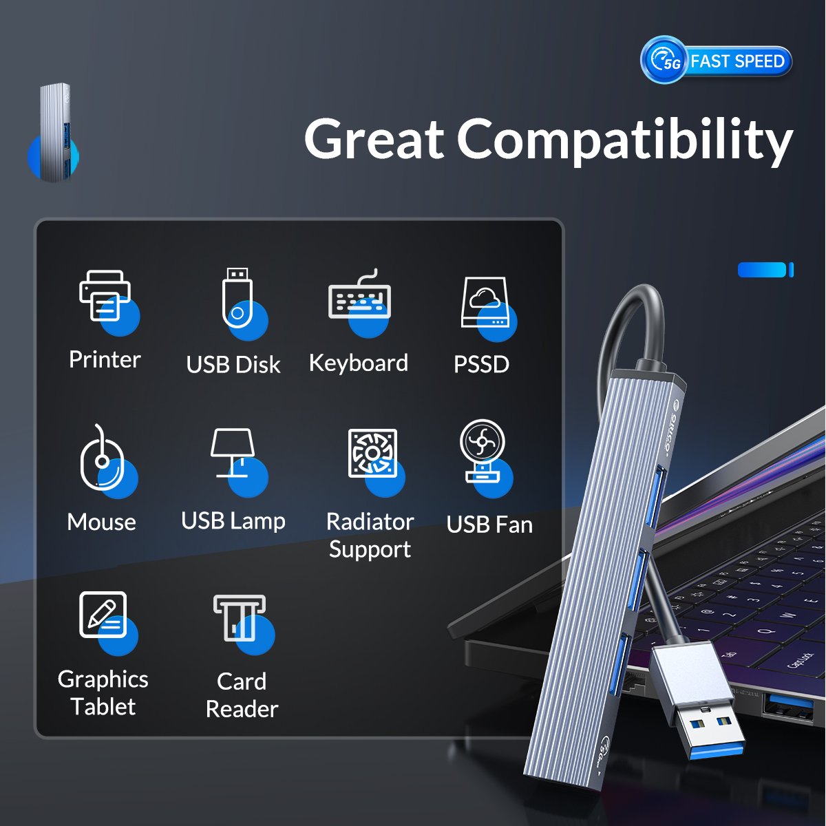 Orico хъб USB3.0/2.0 HUB 4 port, Aluminum - AH-A13-GY