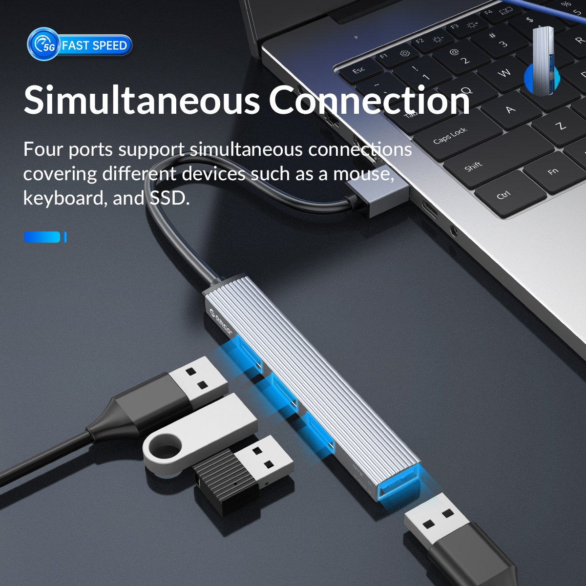 Orico хъб USB3.0/2.0 HUB 4 port, Aluminum - AH-A13-GY