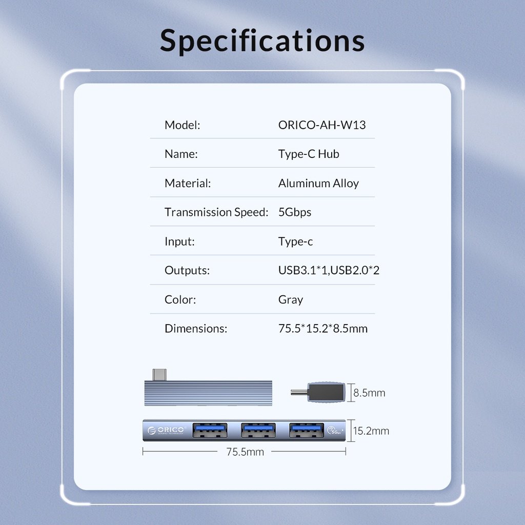 Orico хъб USB3.0/2.0 HUB 3 port TYPE C, Aluminum - AH-W13-GY