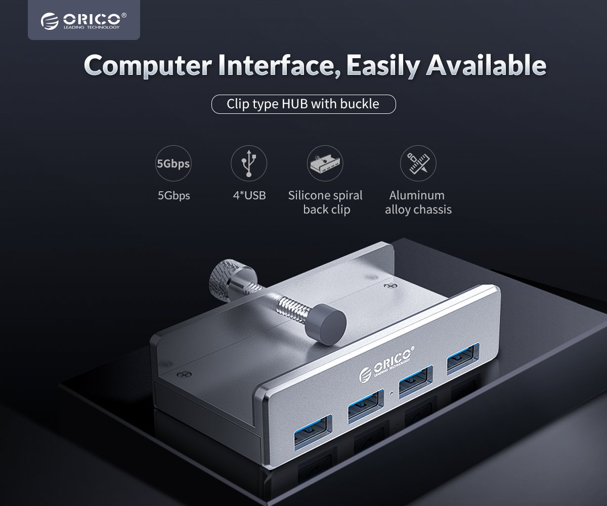 Orico хъб USB 3.0 HUB Clip Type 4 port - Aluminum - MH4PU-SV