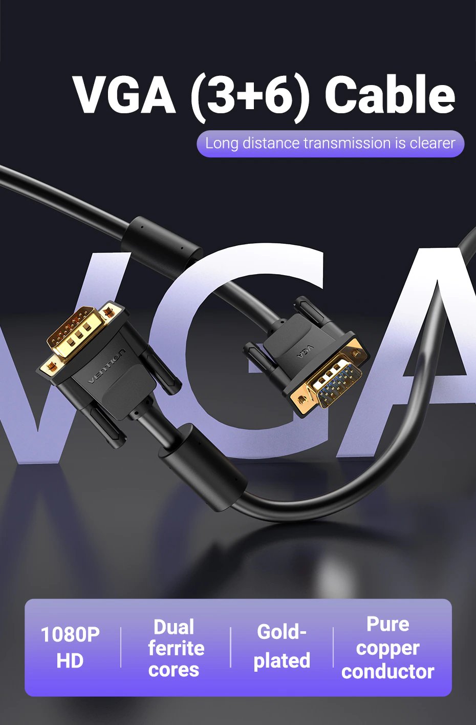 Vention Кабел за монитор Cable VGA HD15 M / M 1.5m Gold Plated, 2 Ferrites - DAEBG