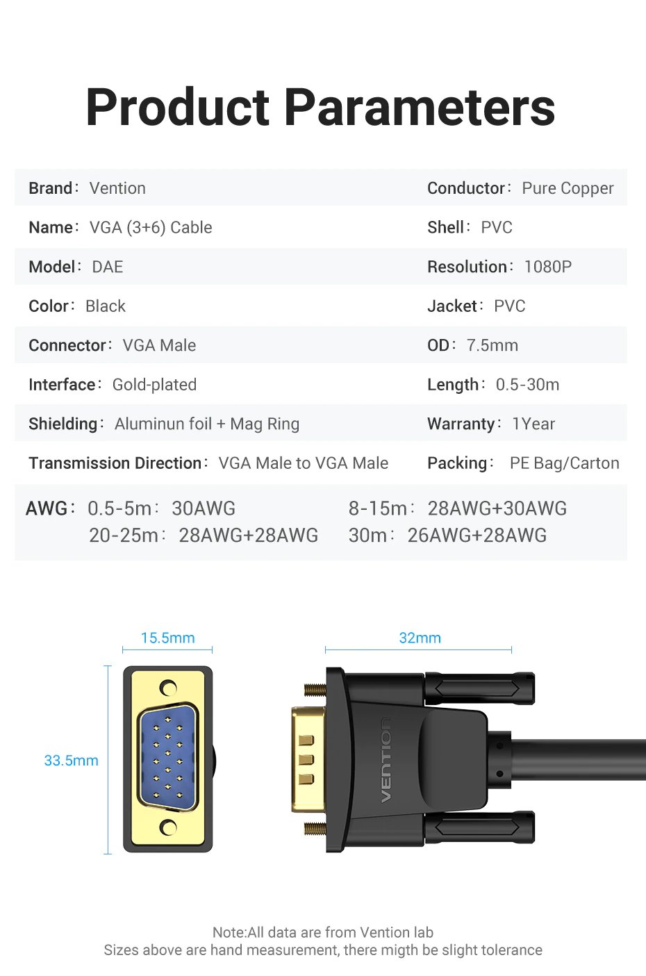 Vention Кабел за монитор Cable VGA HD15 M / M 1.5m Gold Plated, 2 Ferrites - DAEBG