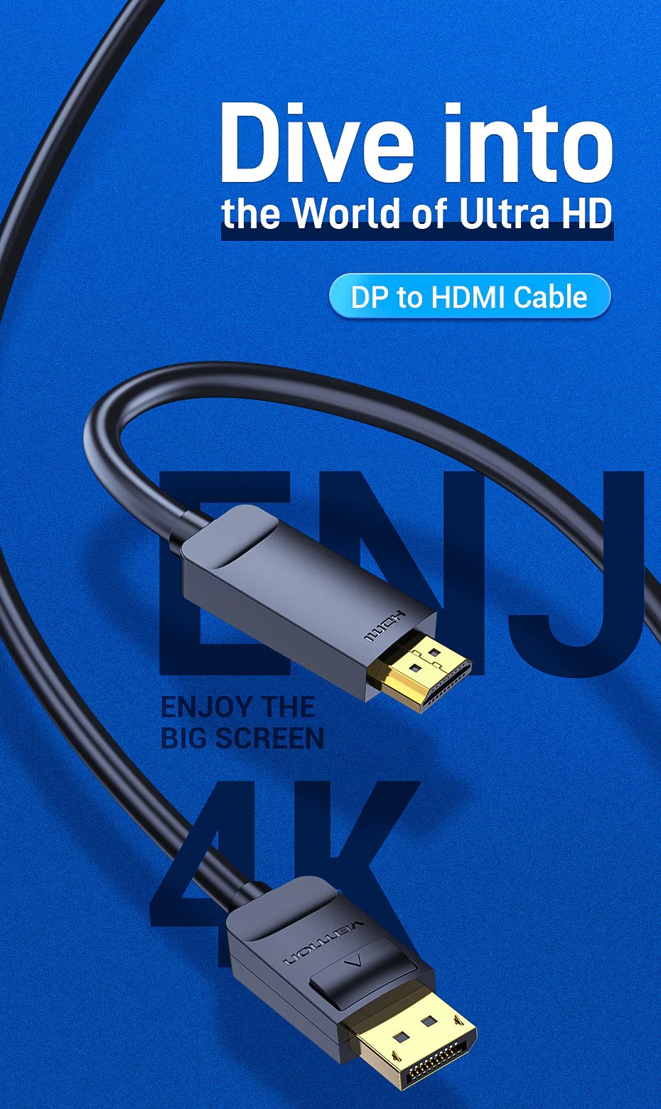 Vention кабел Cable DisplayPort to HDMI 1.5m - 4K, Gold Plated - HAGBG
