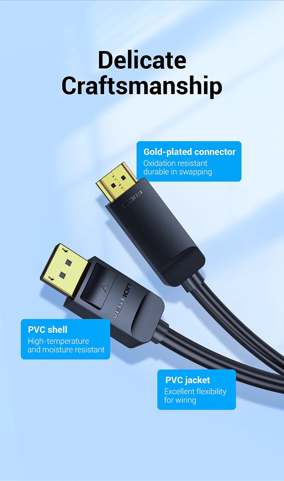 Vention кабел Cable DisplayPort to HDMI 3.0m - 4K, Gold Plated - HAGBI