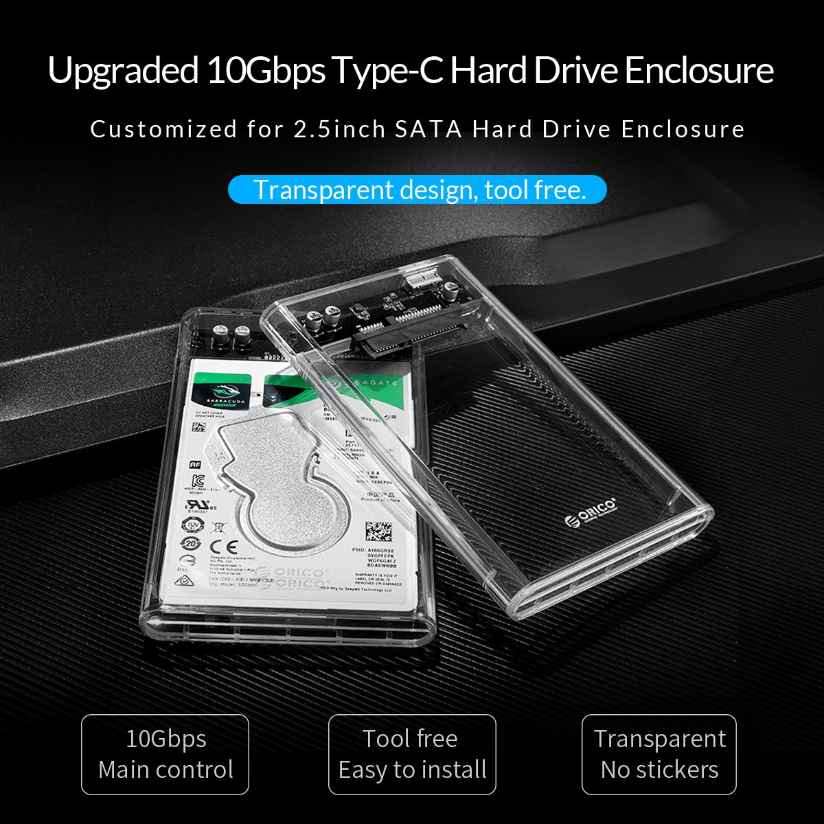 Orico външна кутия за диск Storage - Case - 2.5 inch 5Gbps Type-C Transparent - 2139C3-G2-CR-EP