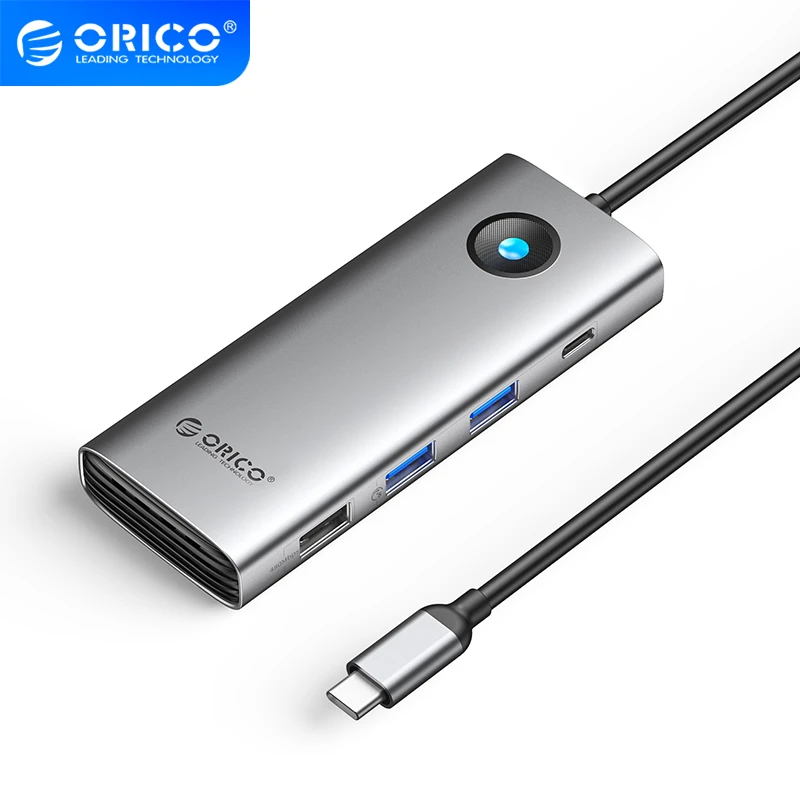 Orico докинг станция Type-C Docking Station Power Distribution 100W - HDMI, Type-C x 1, USB3.0 x 2, USB 2.0 x 1, LAN 1000Mbps Gigabit, VGA - PW11-8PC-GY-EP
