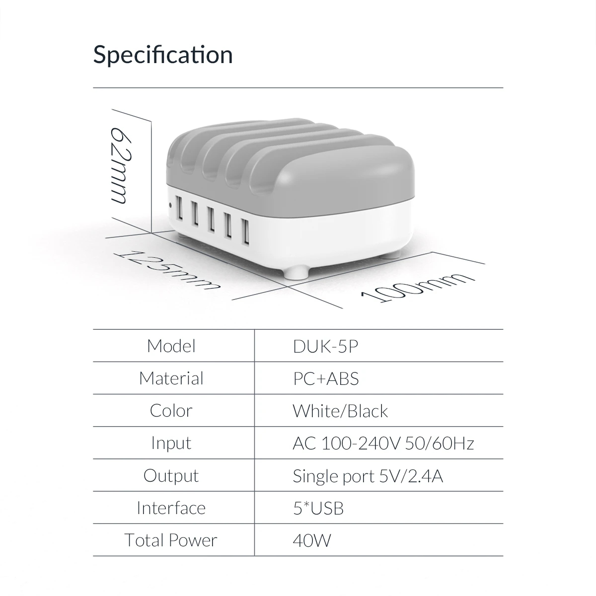 Orico зарядна станция за мобилни устройства Charger Station 220V - 5 x USB 40W White - DUK-5P-EU-WH
