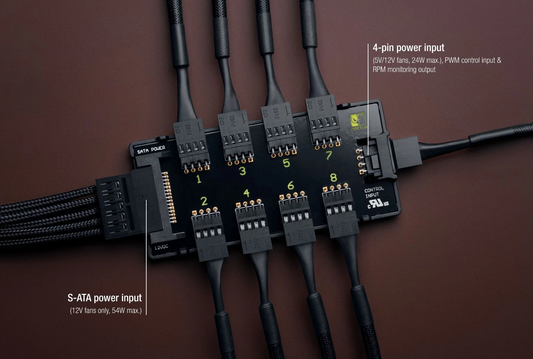 Noctua разклонител за вентилатори Fan Hub - 8 port PWM with SATA Power 5V/12V - NA-FH1