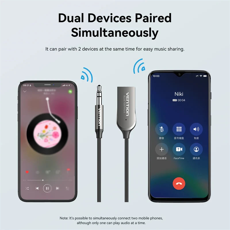 Vention блутут за кола за разговори и музика Car Bluetooth 5.4 audio receiver USB, 3.5mm jack - NAIHG