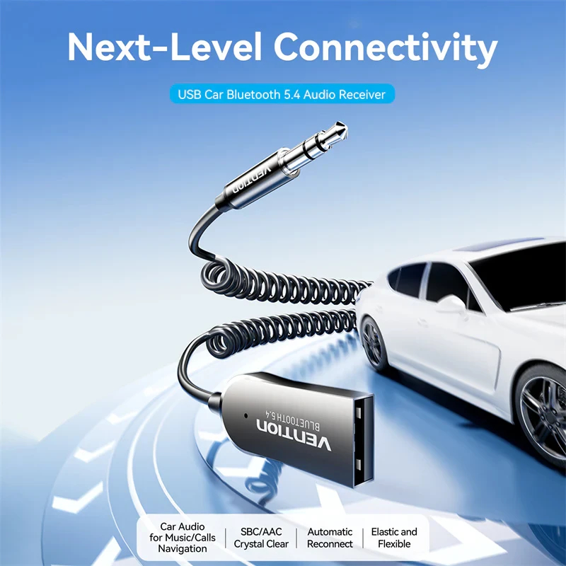 Vention блутут за кола за разговори и музика Car Bluetooth 5.4 audio receiver USB, 3.5mm jack - NAIHG