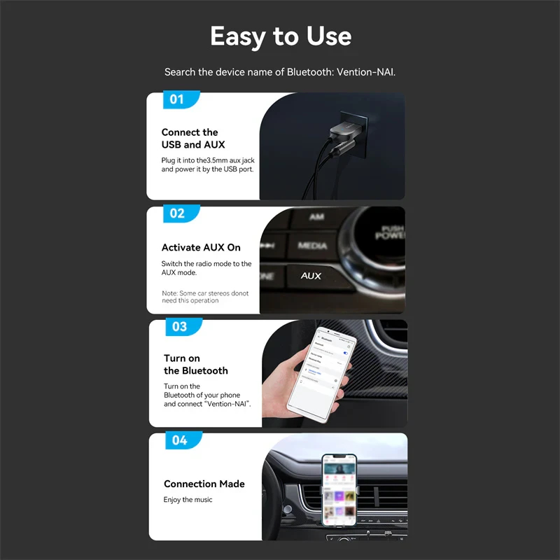 Vention блутут за кола за разговори и музика Car Bluetooth 5.4 audio receiver USB, 3.5mm jack - NAIHG