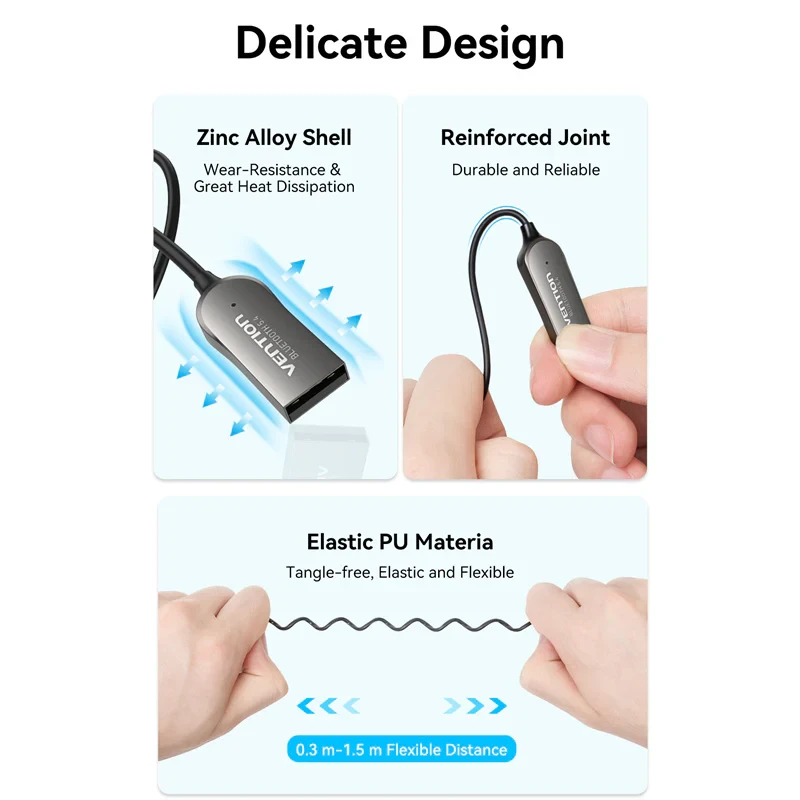 Vention блутут за кола за разговори и музика Car Bluetooth 5.4 audio receiver USB, 3.5mm jack - NAIHG
