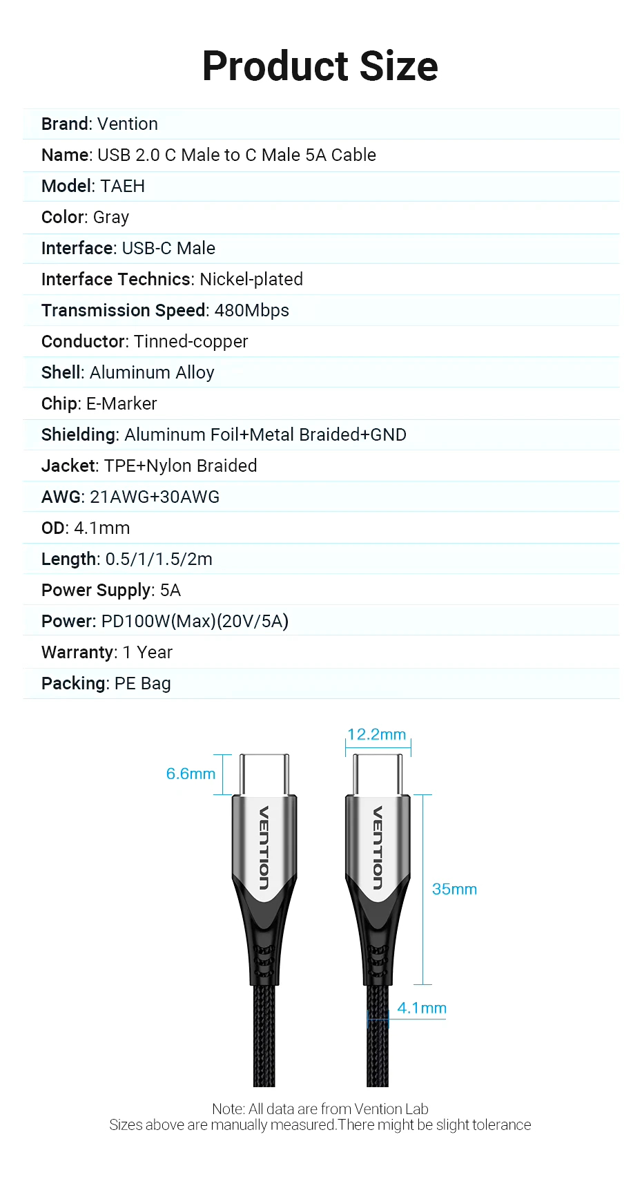 Vention Кабел USB 2.0 Type-C to Type-C - 1.0M Black 5A Fast Charge - TAEHF