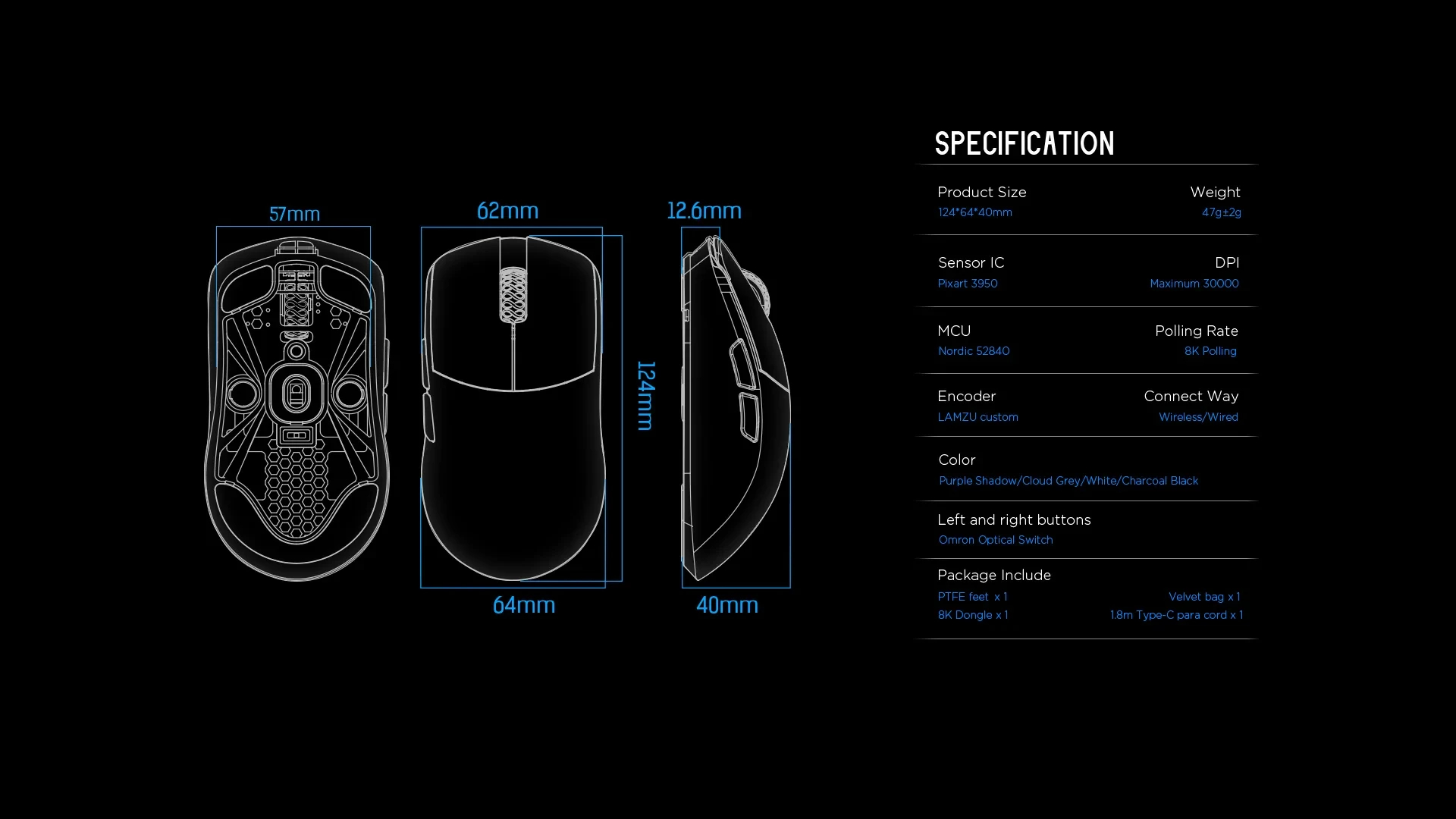 Lamzu професионална геймърска мишка MAYA X 8K - Wireless Gaming Mouse - Black