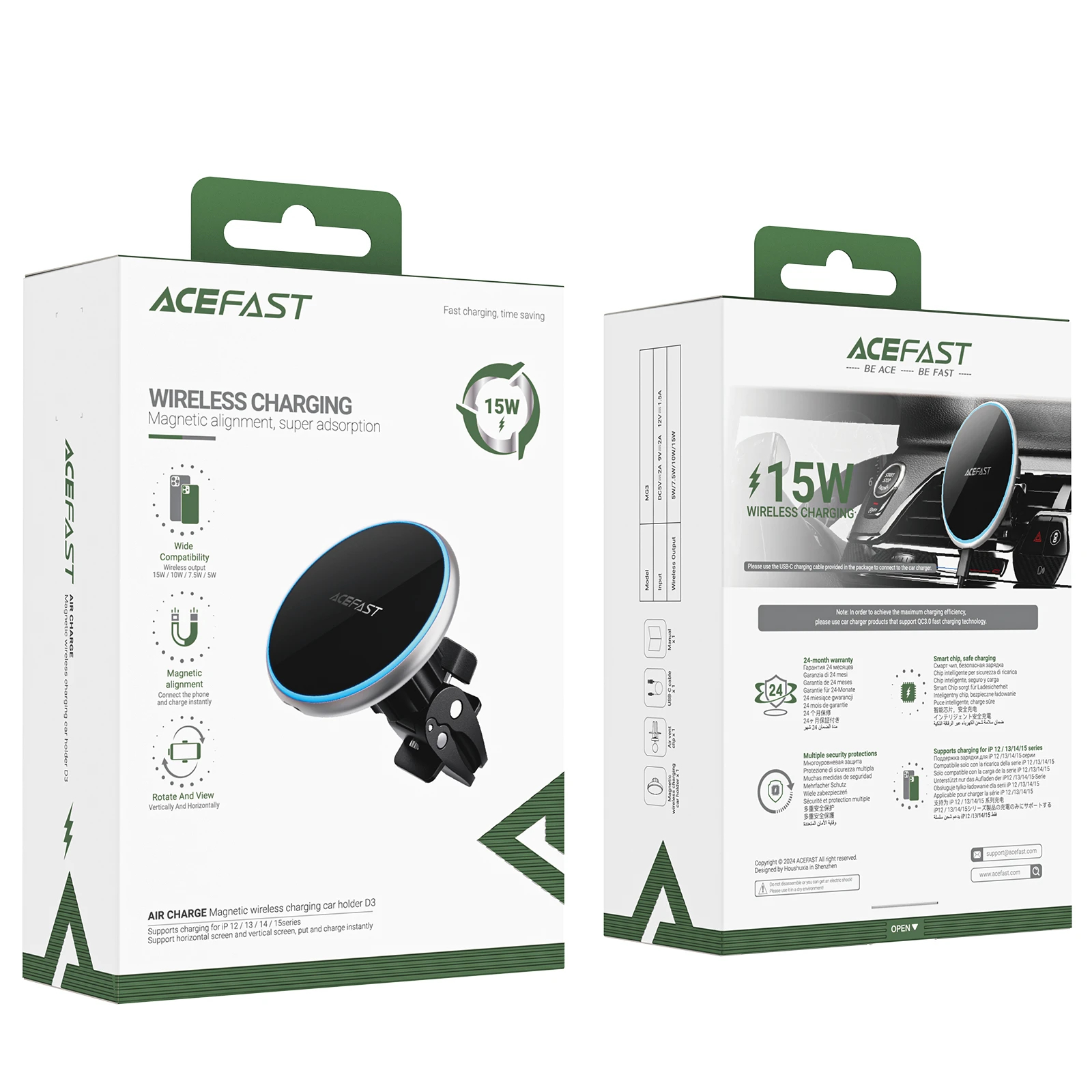 Acefast Стойка за телефон за кола Car phone holder - for Air vent, Wireless Magnetic Wireless Charging - D3 - Silver