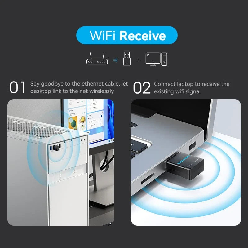 Vention безжичен адаптер WiFi USB adapter Dual Band, 650Mbps, Black - KDSB0
