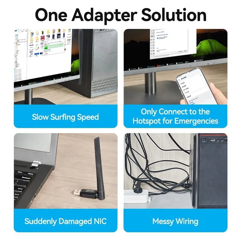 Vention безжичен адаптер WiFi USB adapter Dual Band, 650Mbps, Black - KDTB0