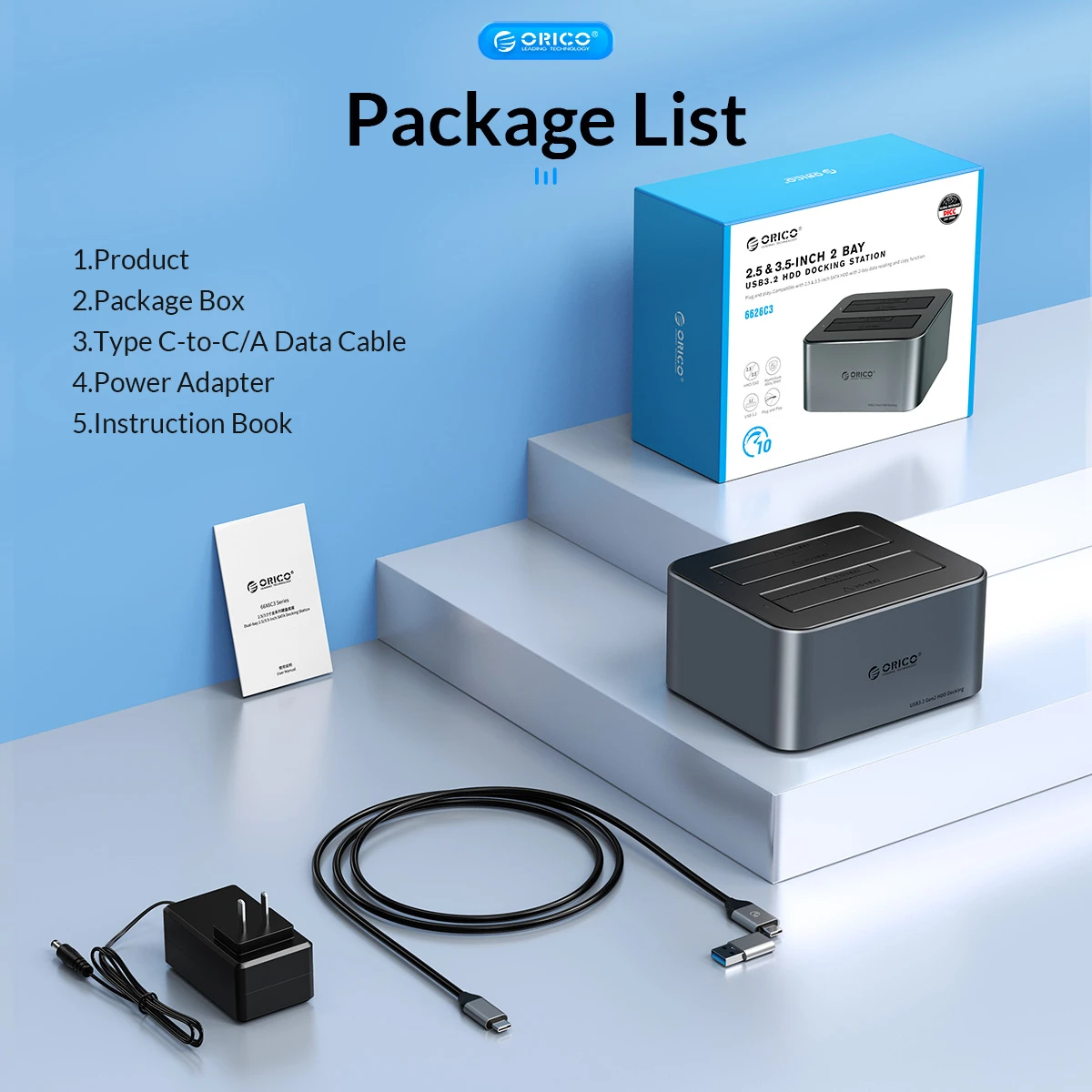 Orico докинг станция Storage - HDD/SSD Dock - 2 BAY Offline Clone 2.5/3.5 USB-C/USB-A - 6626C3-C-V1