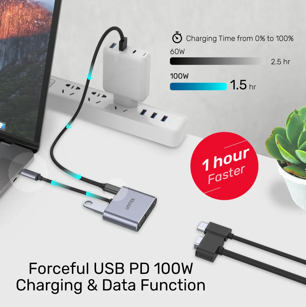 Unitek докинг станция Docking Station Type-C 4-in-1 - uHUB Q4+ Lite D1049A - USB-C PD100W x 1, HDMI x 1, VGA, USB2.0 x 1