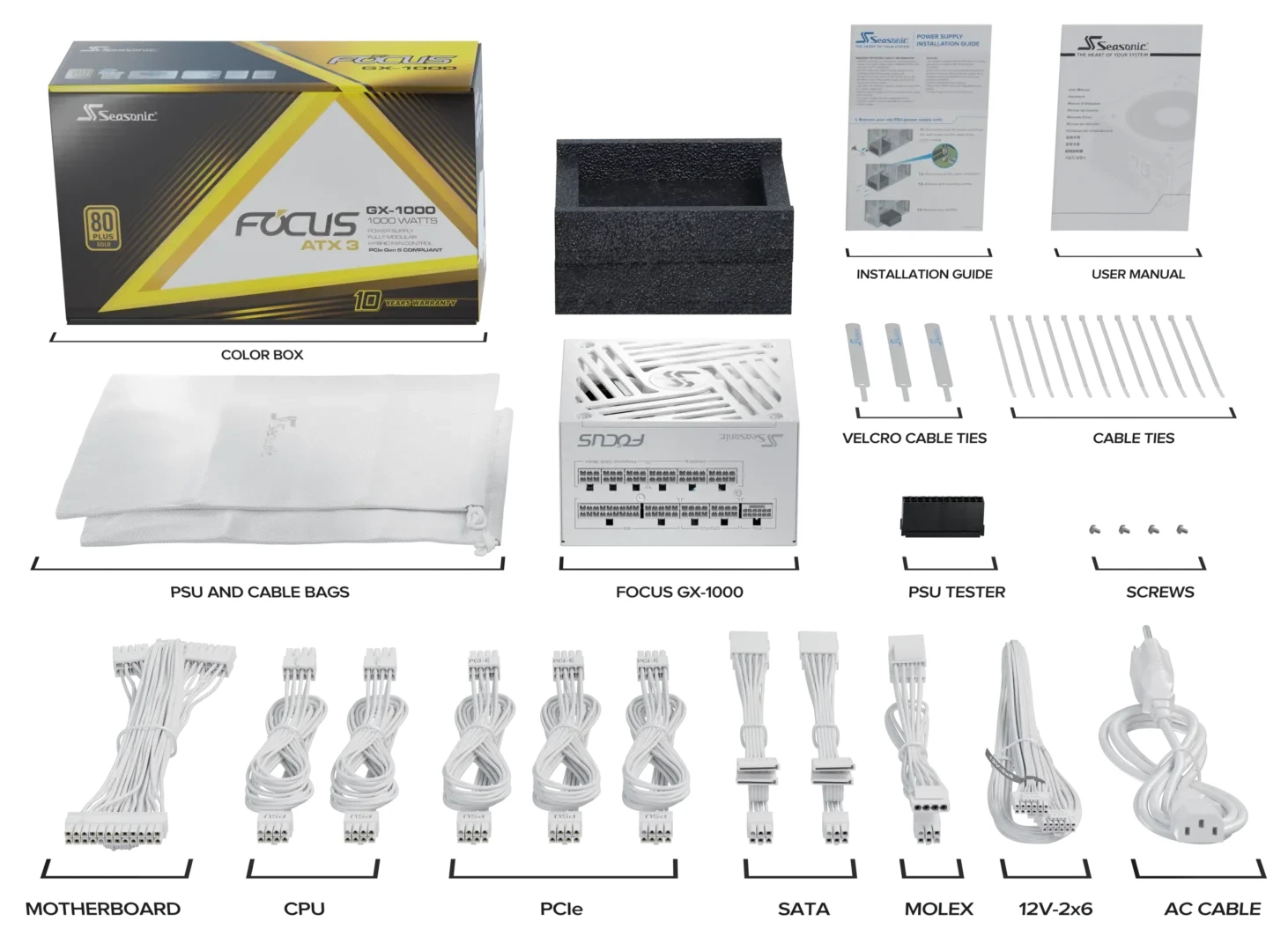 Seasonic захранване PSU ATX 3.1 1000W Gold, Full Modular, PCIe 5.1 - FOCUS-GX-1000-V4-WHITE