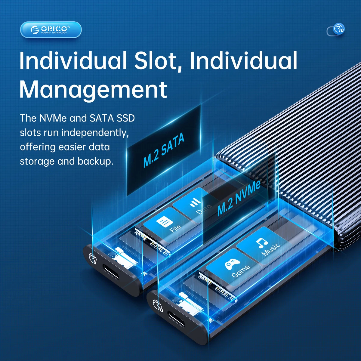 Orico външна кутия за диск Storage - Case - M.2 NVMe Dual-Bay - USB-C 10Gbps, Aluminium - AM2C3-2N-GY