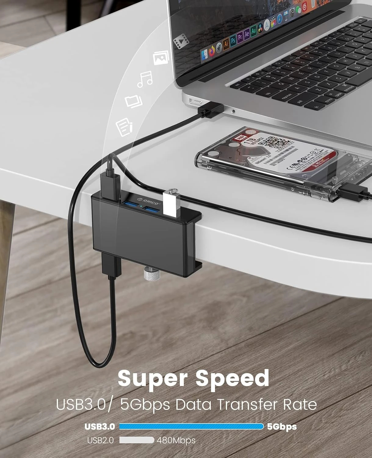 Orico хъб USB 3.0 HUB Clip Type 4 port - aux Micro-USB power input, Black - MH4PU-P-BK