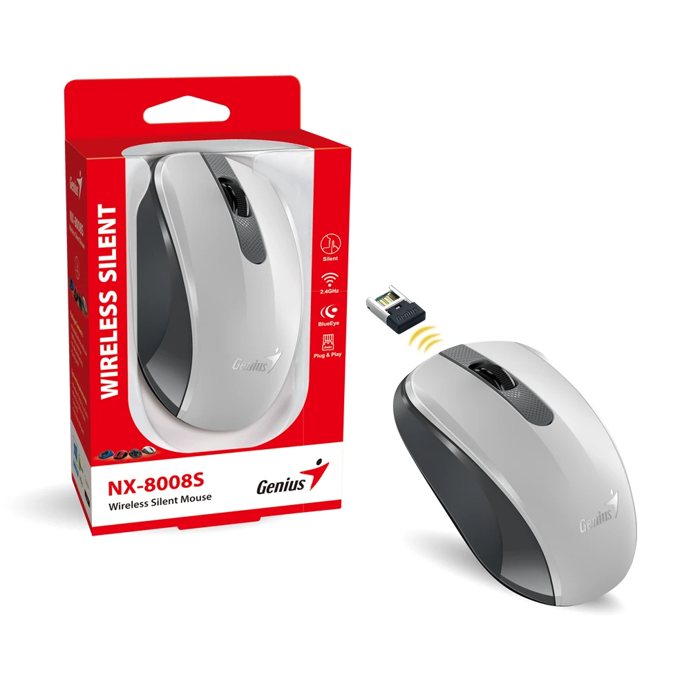Genius безжина безшумна мишка Wireless Silent Mouse - NX-8008S White+Gray - Silent, 2.4GHz