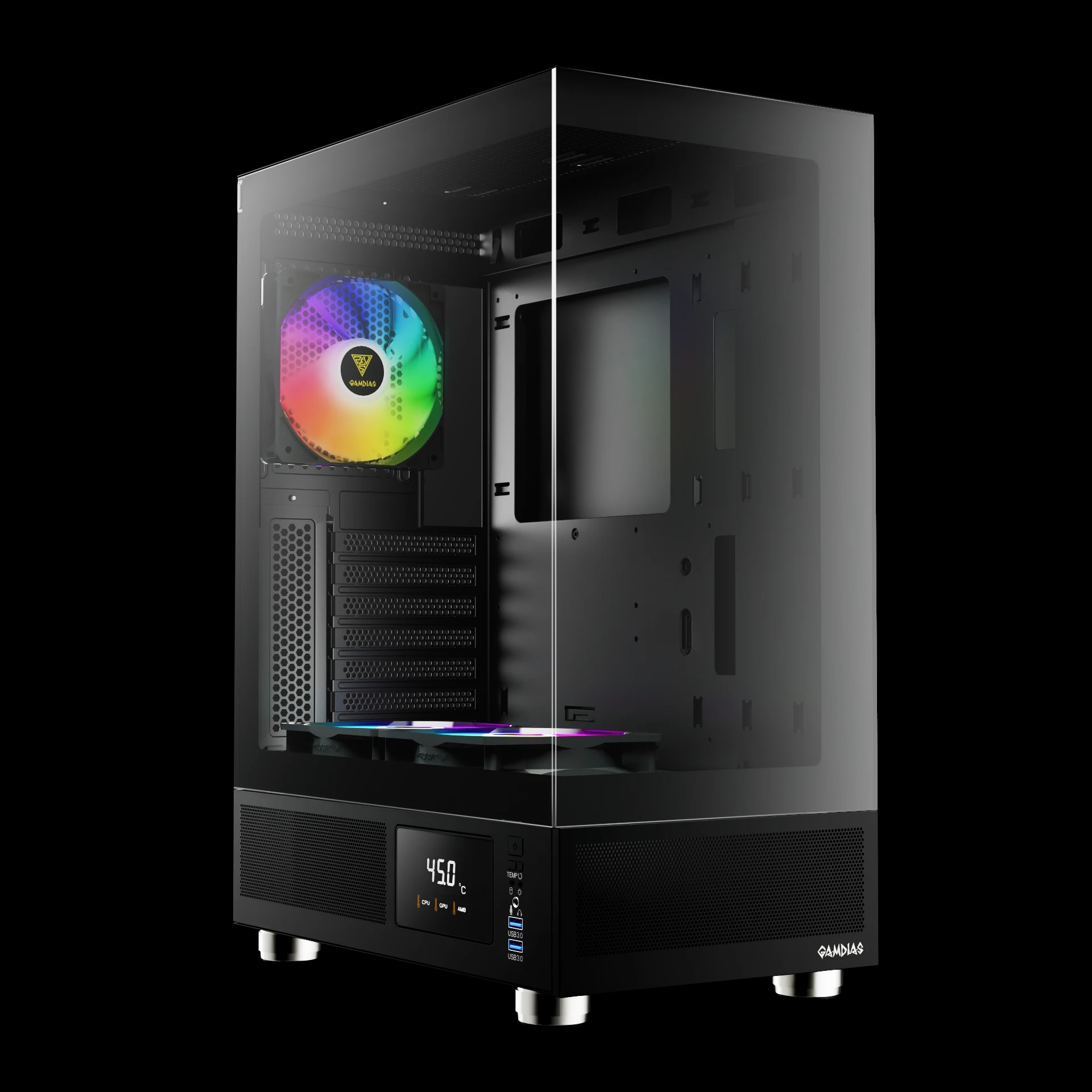 Gamdias кутия Case ATX - ATLAS E1 - 3 x 120 mm A-RGB, Digital Display, Tempered Glass