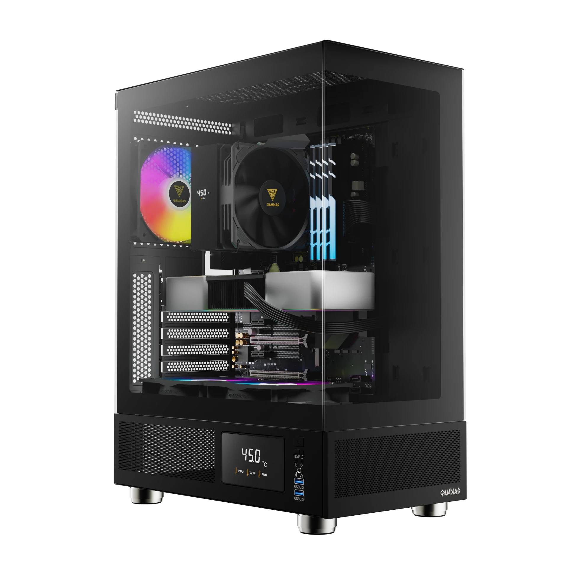 Gamdias кутия Case ATX - ATLAS E1 - 3 x 120 mm A-RGB, Digital Display, Tempered Glass