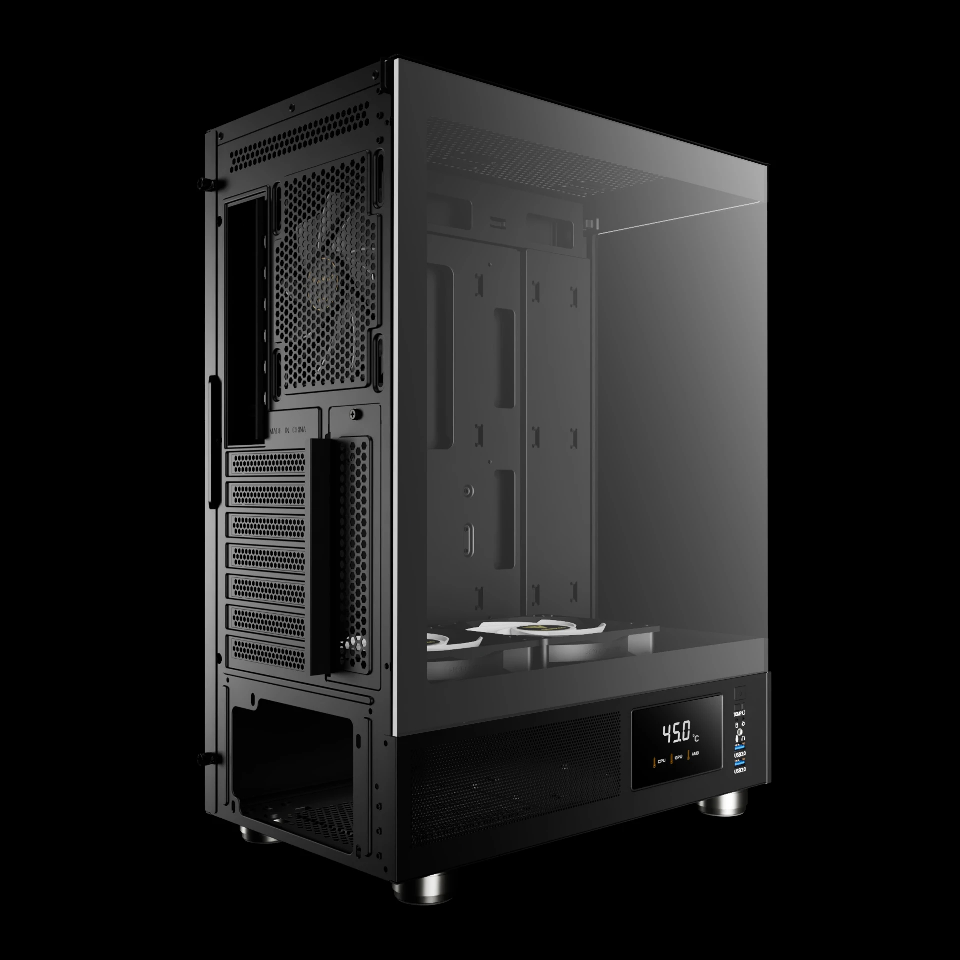 Gamdias кутия Case ATX - ATLAS E1 - 3 x 120 mm A-RGB, Digital Display, Tempered Glass
