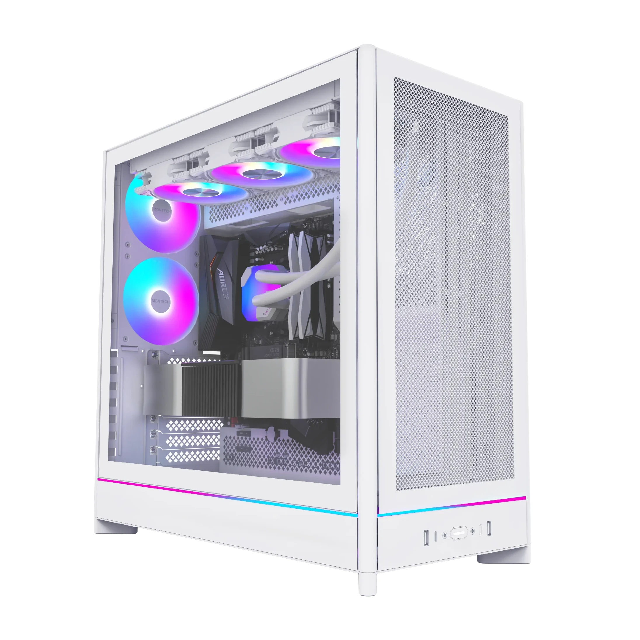 Montech кутия Case ATX - HS01 PRO (W) - 5 x 120 mm ARGB Fans, USB-C, White