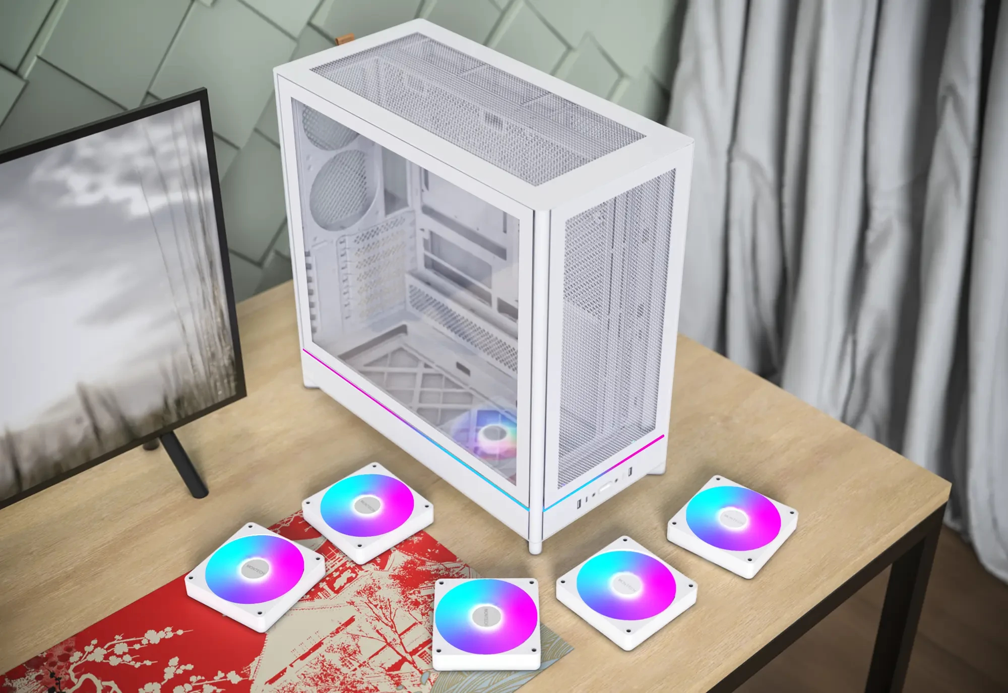 Montech кутия Case ATX - HS01 PRO (W) - 5 x 120 mm ARGB Fans, USB-C, White