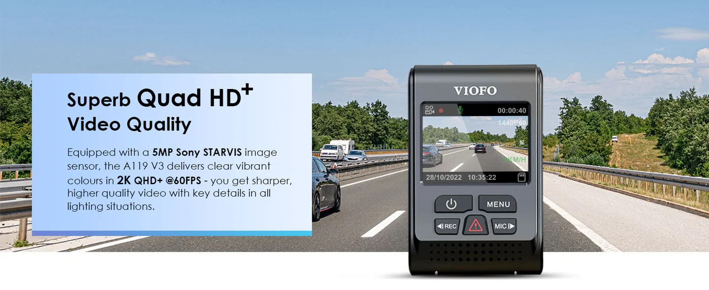 VIOFO Видеорегистратор Dash Cam A119 V3-G - GPS Module, Quad HD+, HDR, Sony STARVIS