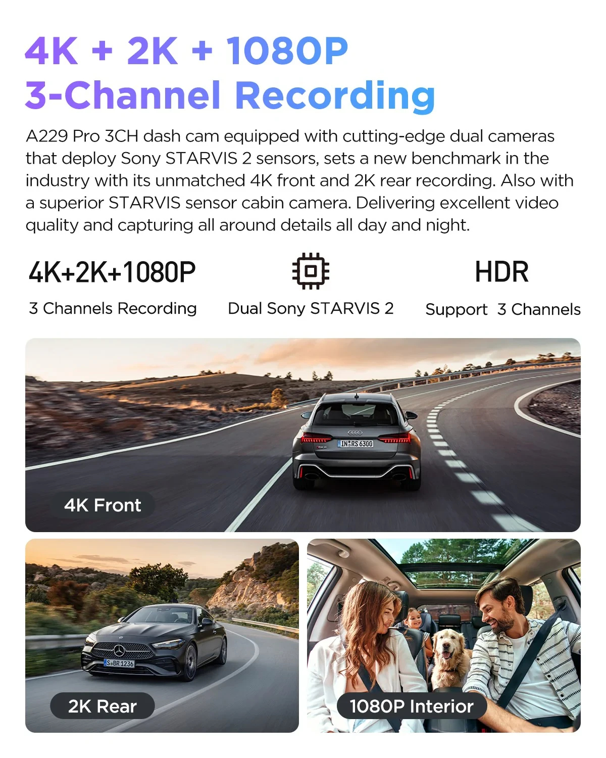 VIOFO Видеорегистратор Dash Cam A229 Pro 3 Channel - 4K, HDR, Dual Sony STARVIS 2, GPS, Bluetooth