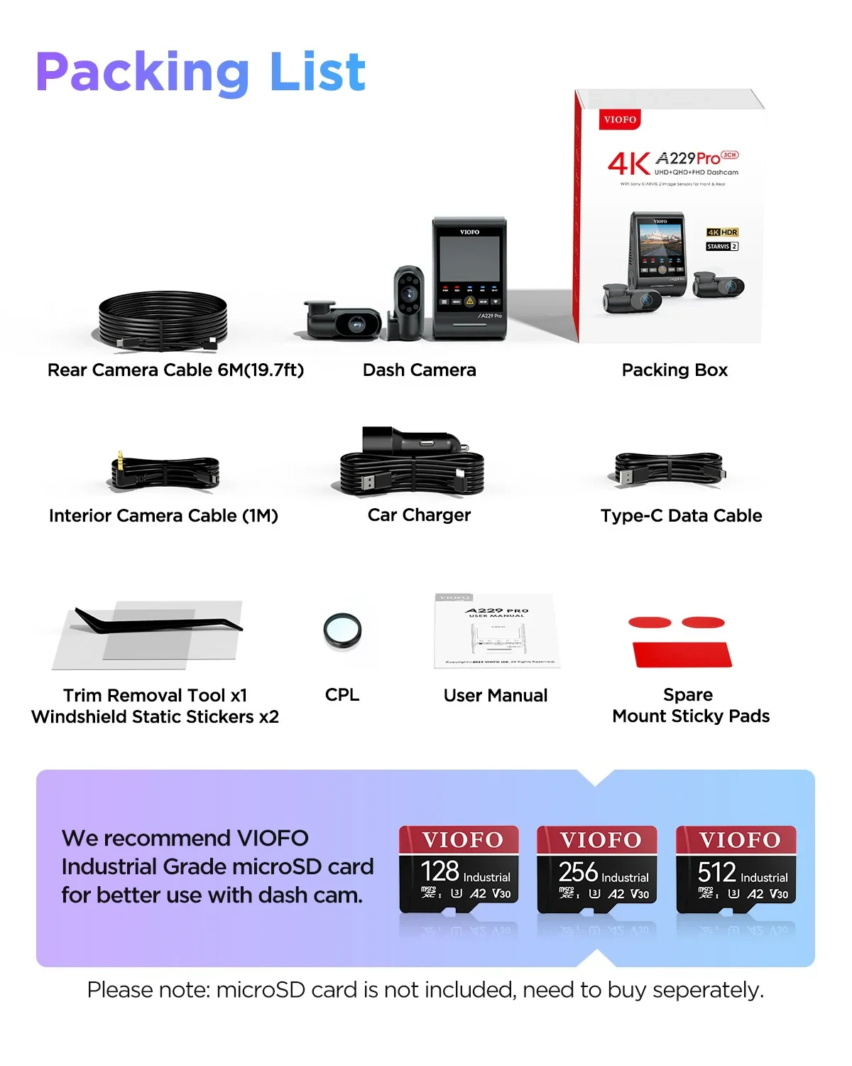VIOFO Видеорегистратор Dash Cam A229 Pro 3 Channel - 4K, HDR, Dual Sony STARVIS 2, GPS, Bluetooth