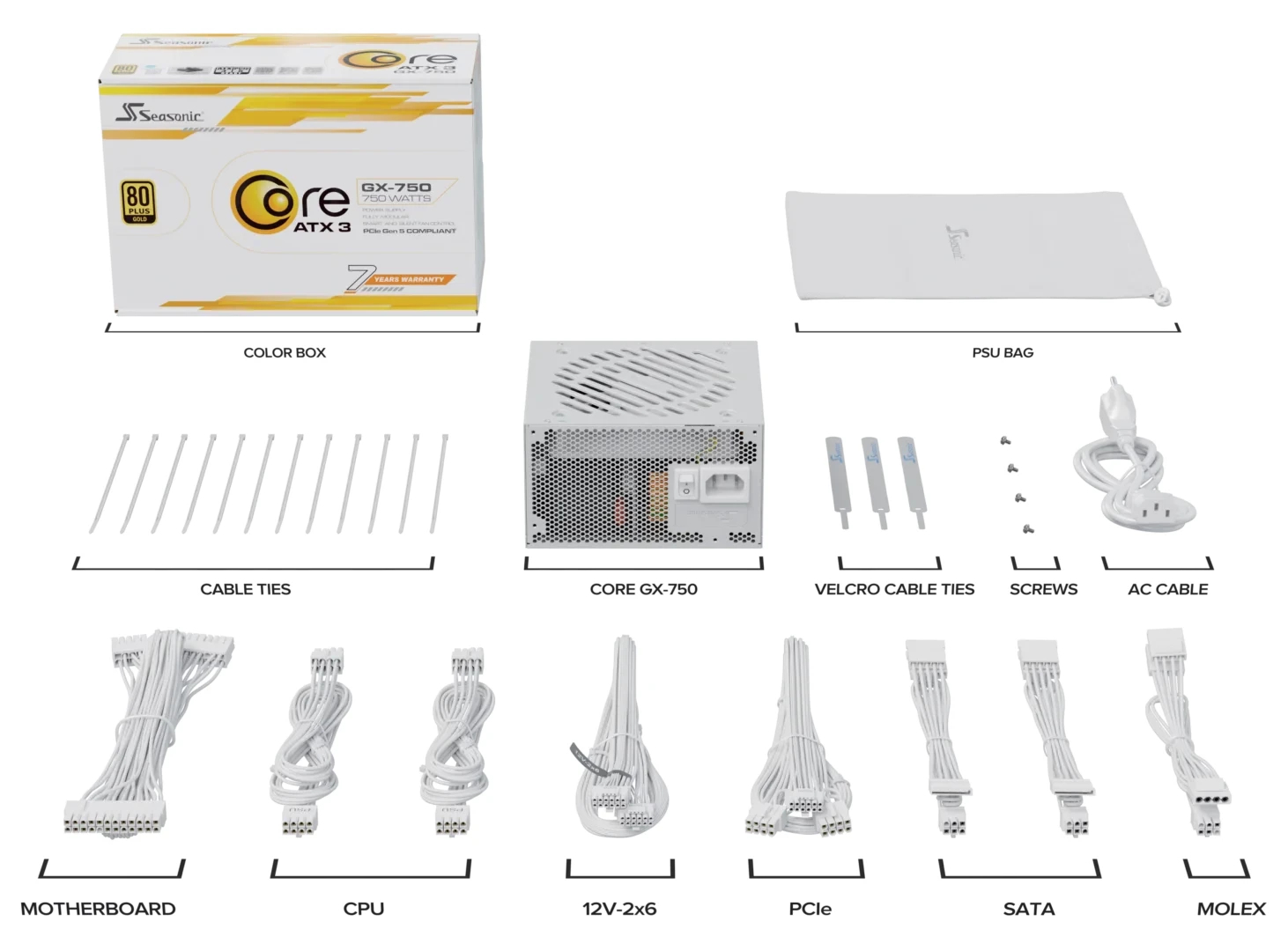 Seasonic захранване PSU ATX 3.1 750W Gold, Full Modular, PCIe 5.1 - CORE GX-750 V2 White - SRP-CGX751-A5A32SF-WH