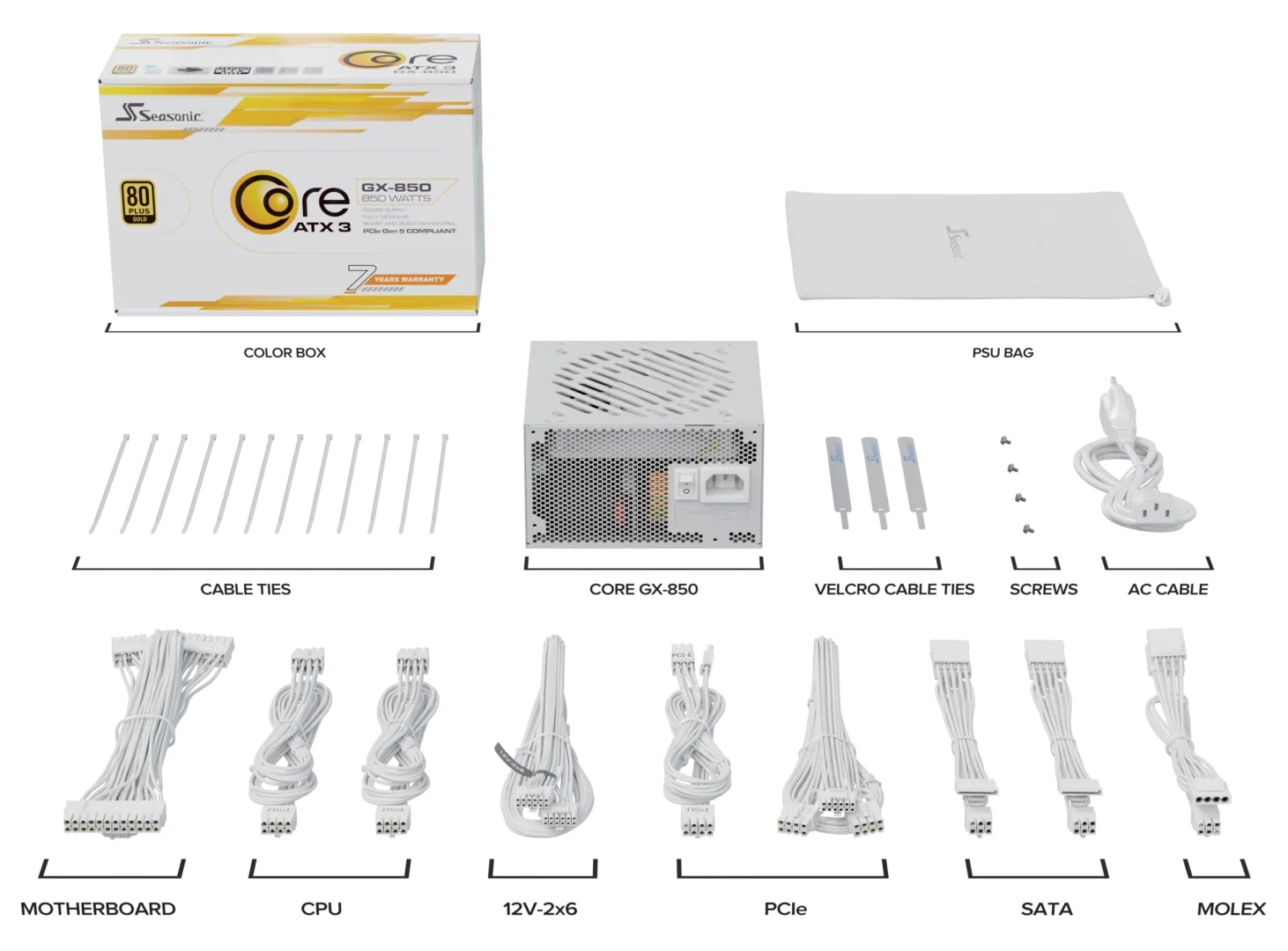 Seasonic захранване PSU ATX 3.1 850W Gold, Full Modular, PCIe 5.1 - CORE GX-850 V2 White - SRP-CGX851-A5A32SF-WH