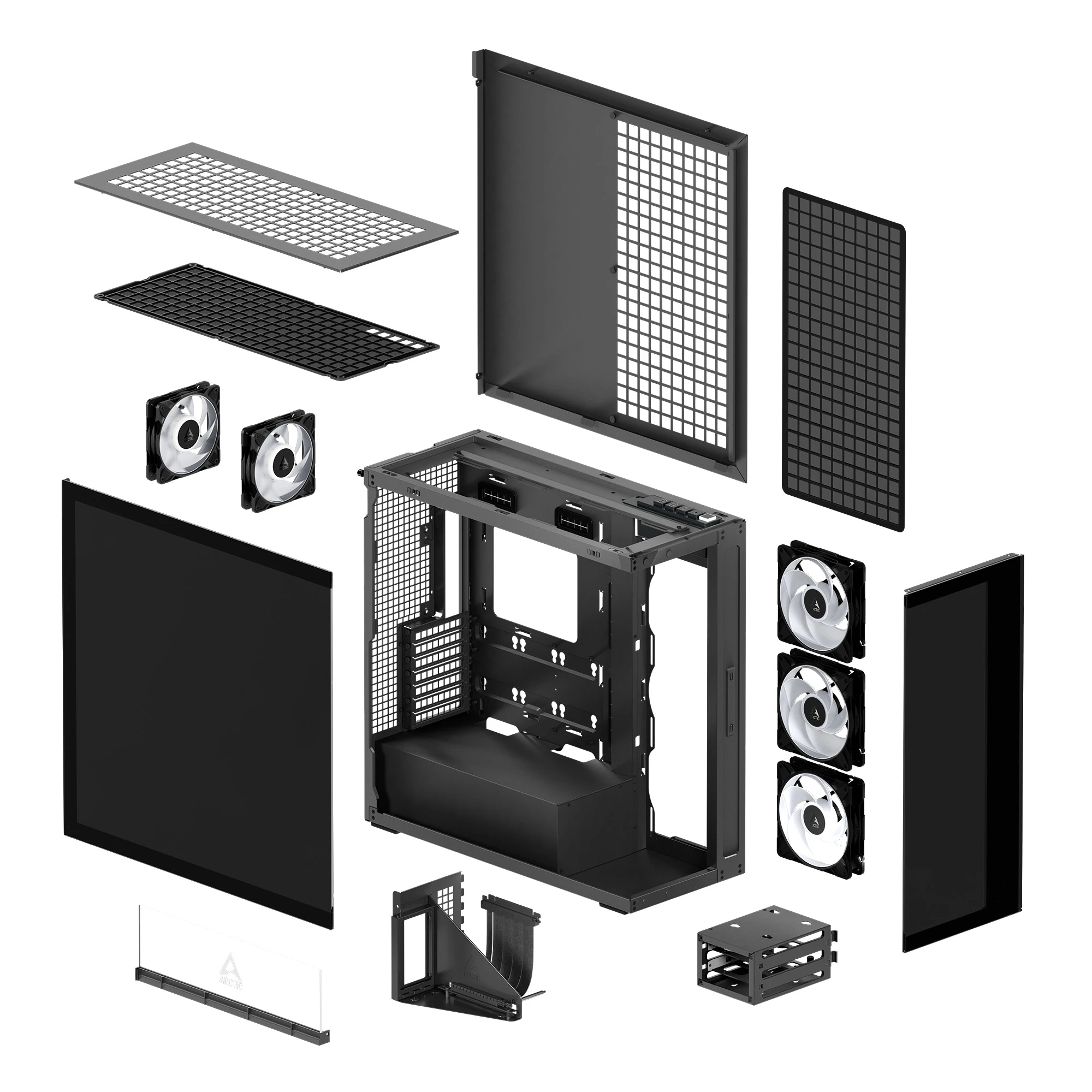 Arctic кутия Case E-ATX - Xtender VG (Mirror Black) - PCIe Gen 4 riser included, 5 A-RGB Fans included