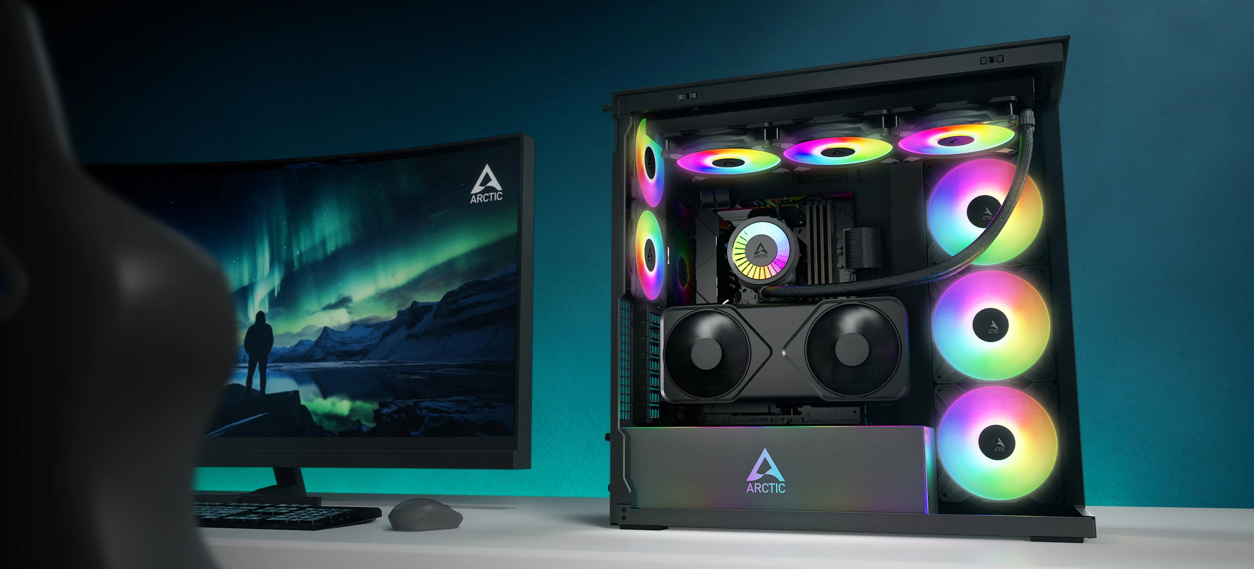 Arctic кутия Case E-ATX - Xtender VG (Mirror Black) - PCIe Gen 4 riser included, 5 A-RGB Fans included