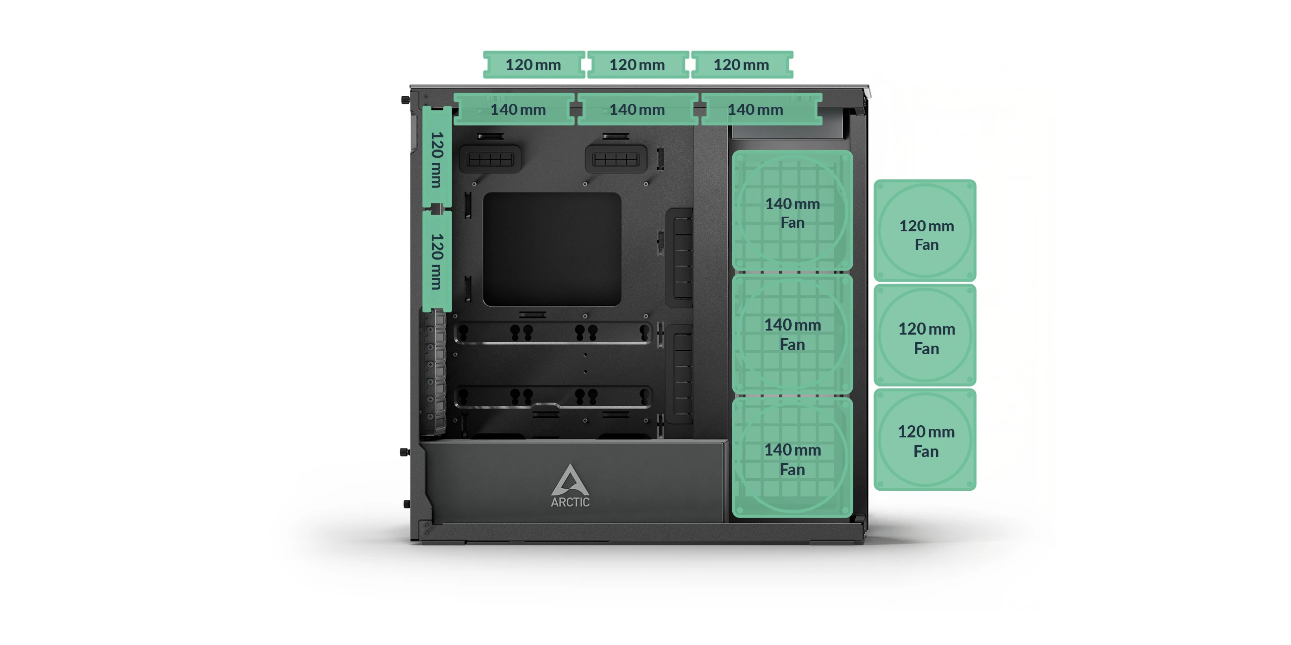 Arctic кутия Case E-ATX - Xtender VG (Mirror Black) - PCIe Gen 4 riser included, 5 A-RGB Fans included