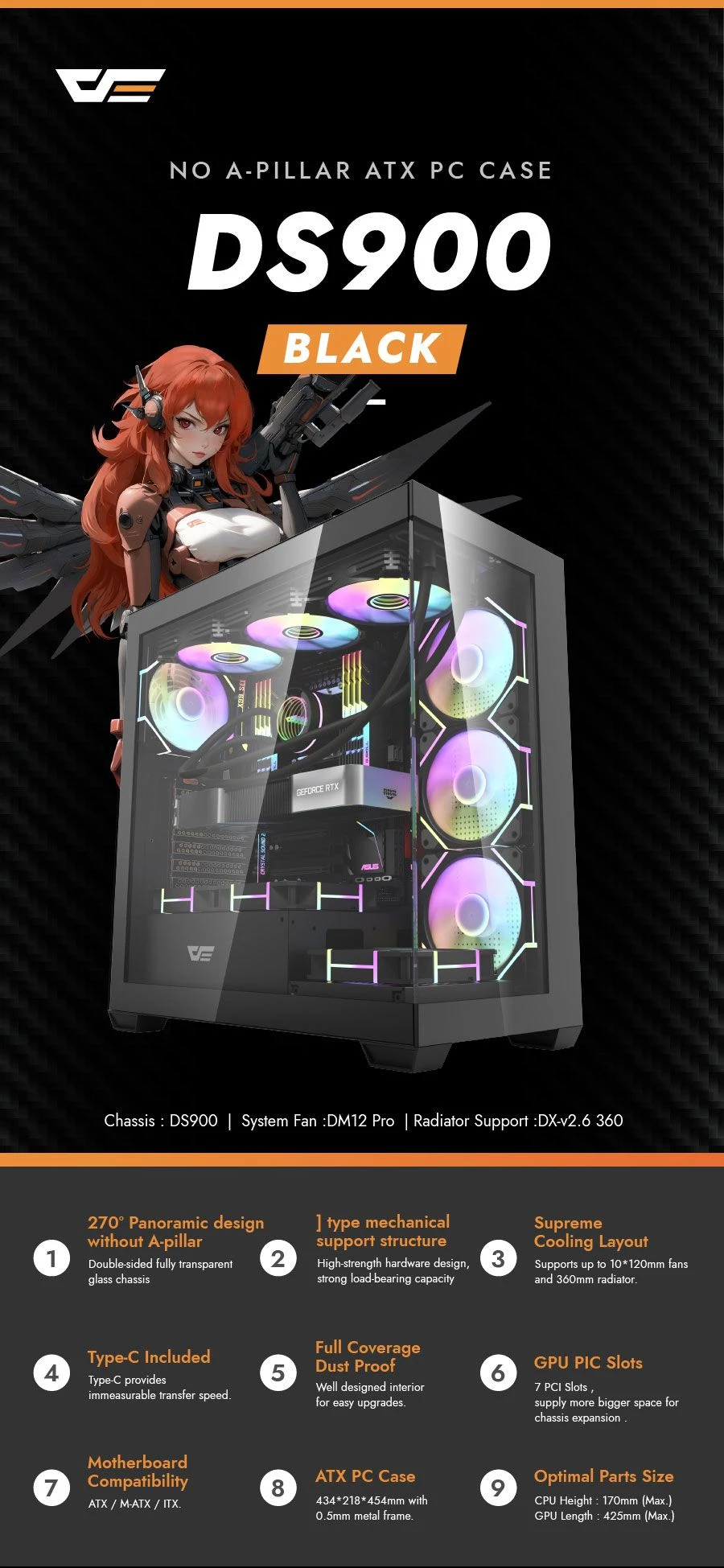 Darkflash кутия Case ATX - DS900 Black - 7 x 120 mm A-RGB fans included, USB-C