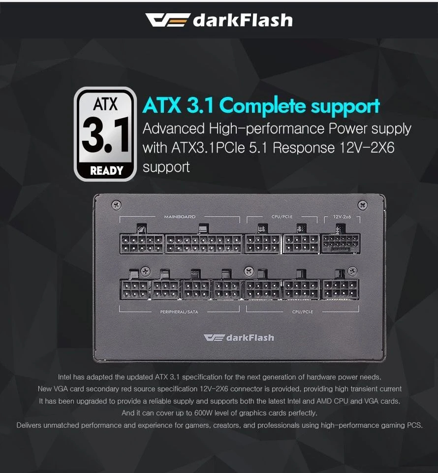 Darkflash захранване PSU ATX 3.1 1050W Gold, Full Modular, PCIe 5.1 - PMT1050 A3