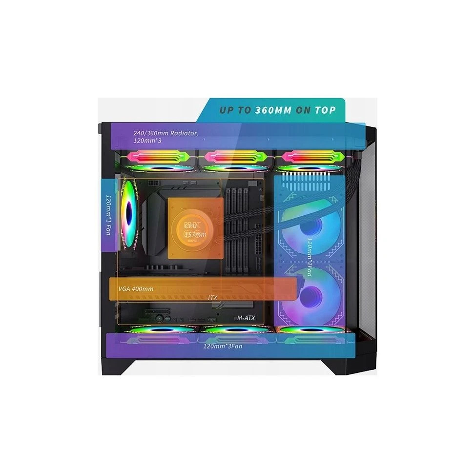 Aigo кутия Case mATX - FT418 Black - 6 x 120 mm A-RGB fans included