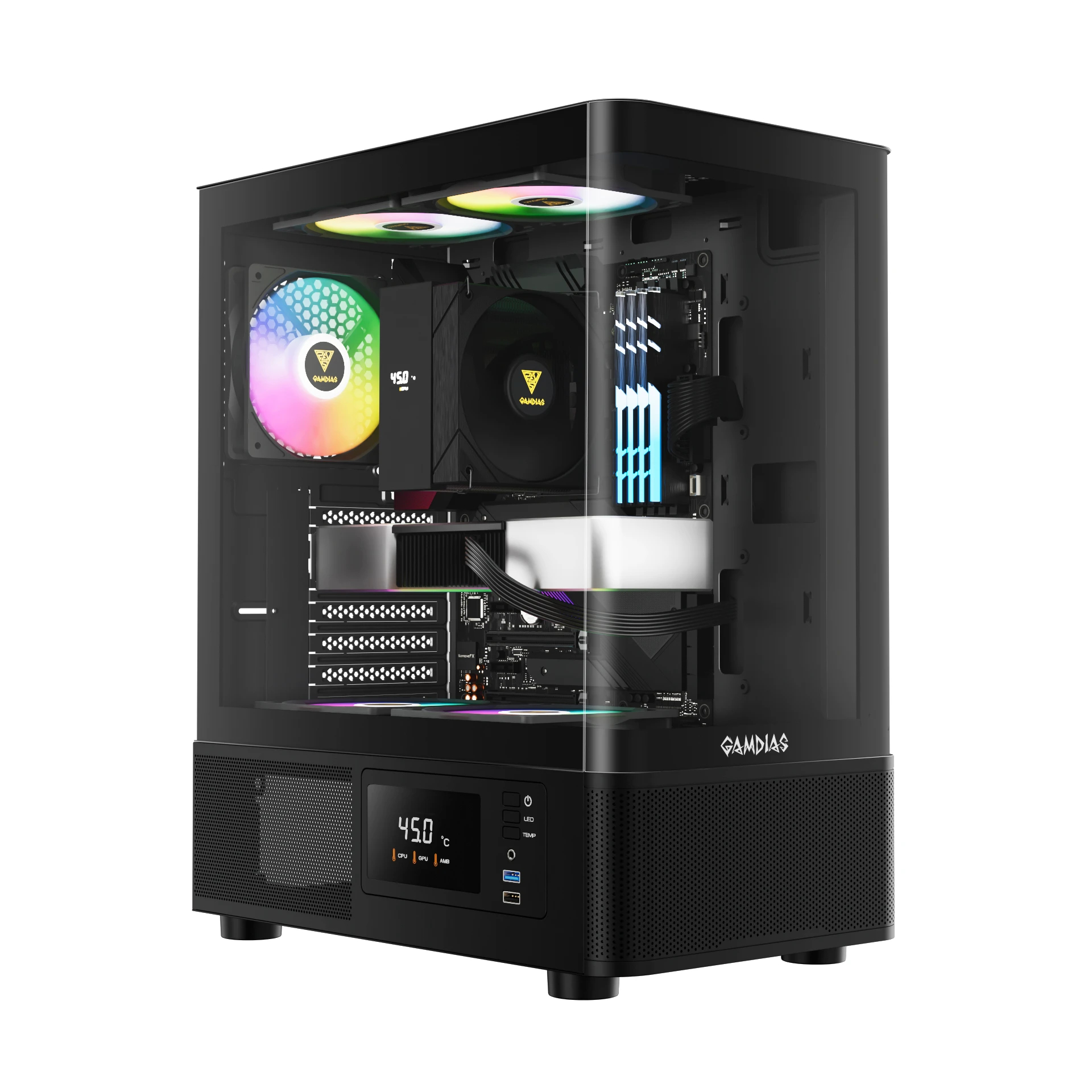 Gamdias кутия Case ATX - ATLAS E2 - 3 x 120 mm A-RGB, Digital Display, Curved Glass