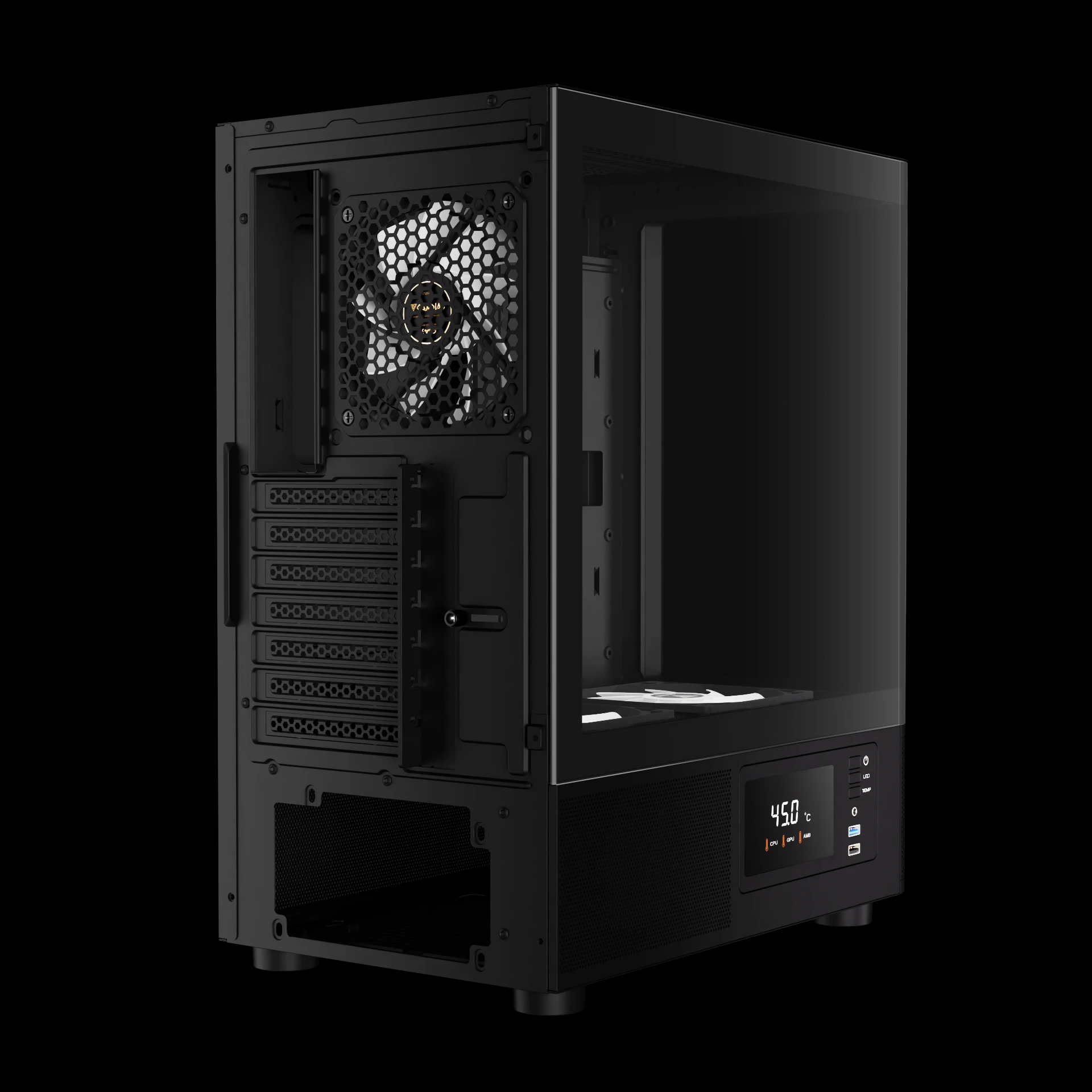 Gamdias кутия Case ATX - ATLAS E2 - 3 x 120 mm A-RGB, Digital Display, Curved Glass