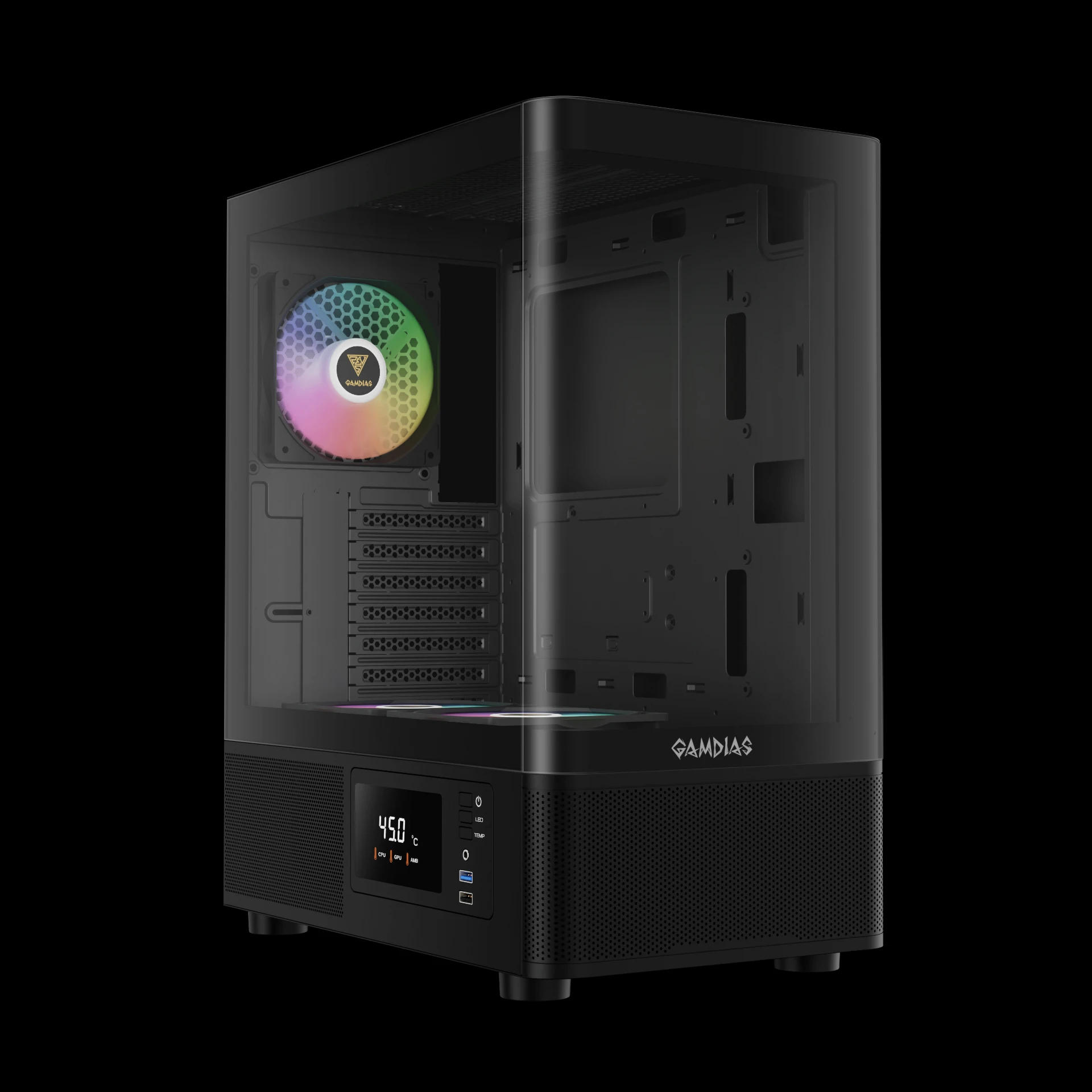 Gamdias кутия Case ATX - ATLAS E2 - 3 x 120 mm A-RGB, Digital Display, Curved Glass