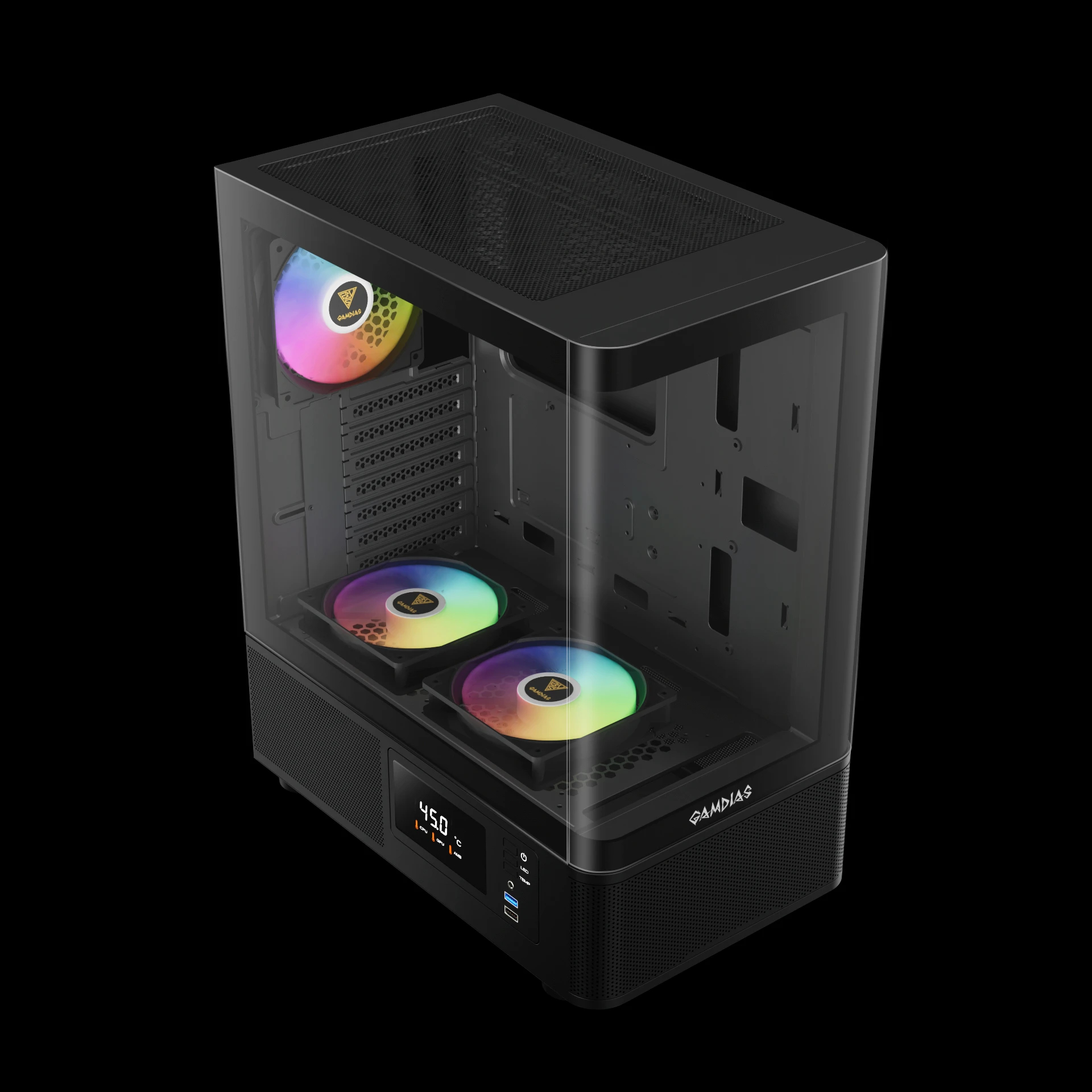 Gamdias кутия Case ATX - ATLAS E2 - 3 x 120 mm A-RGB, Digital Display, Curved Glass
