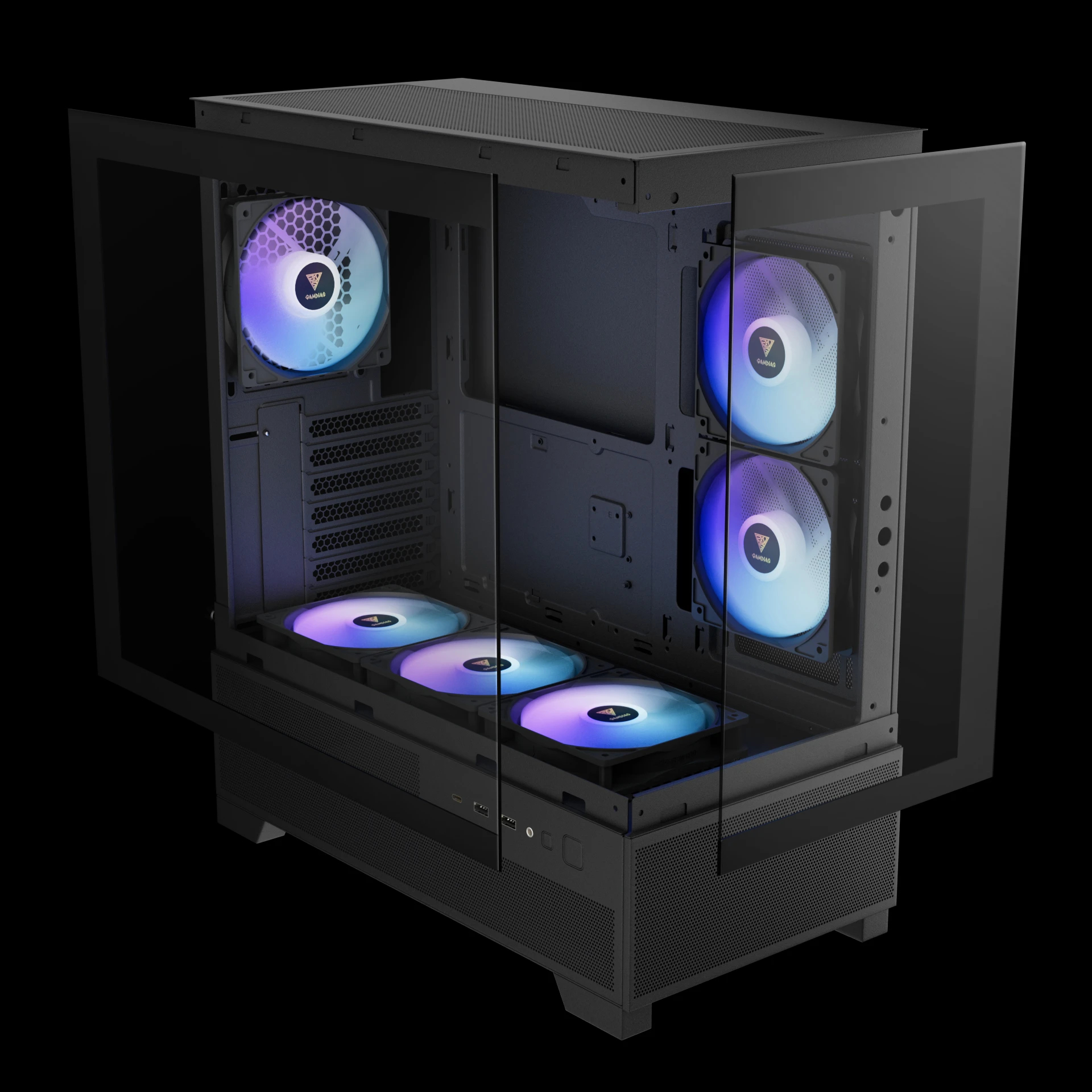 Gamdias кутия Case mATX - AURA GC12 ARGB BK - 6 x 120 mm A-RGB, USB-C, Tempered Glass